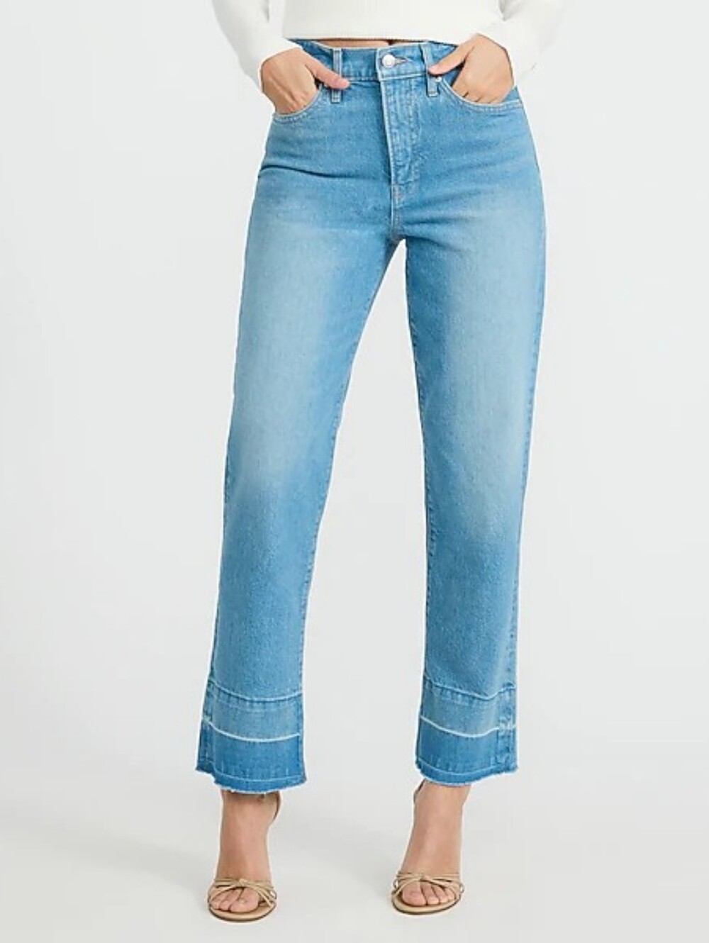 Express High Waisted Medium Wash Released Hem Straight Ankle Jeans